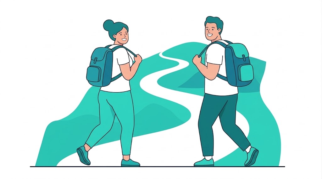 Muž a žena společně stoupající na horu, symbolizující cestu k lepšímu zdraví a Memphis styl